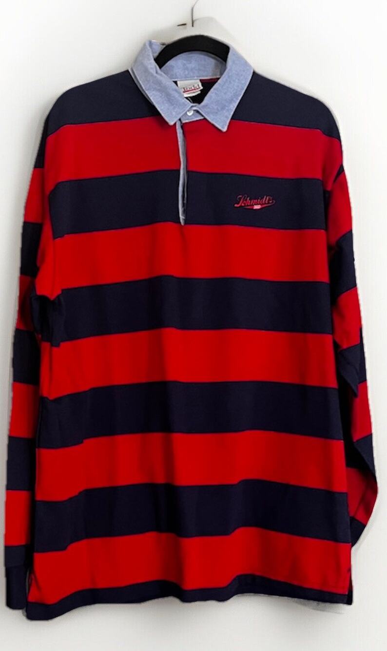 Vintage Todd Schmidt’s Beer Logo Striped Rugby Shirt size L Made In USA